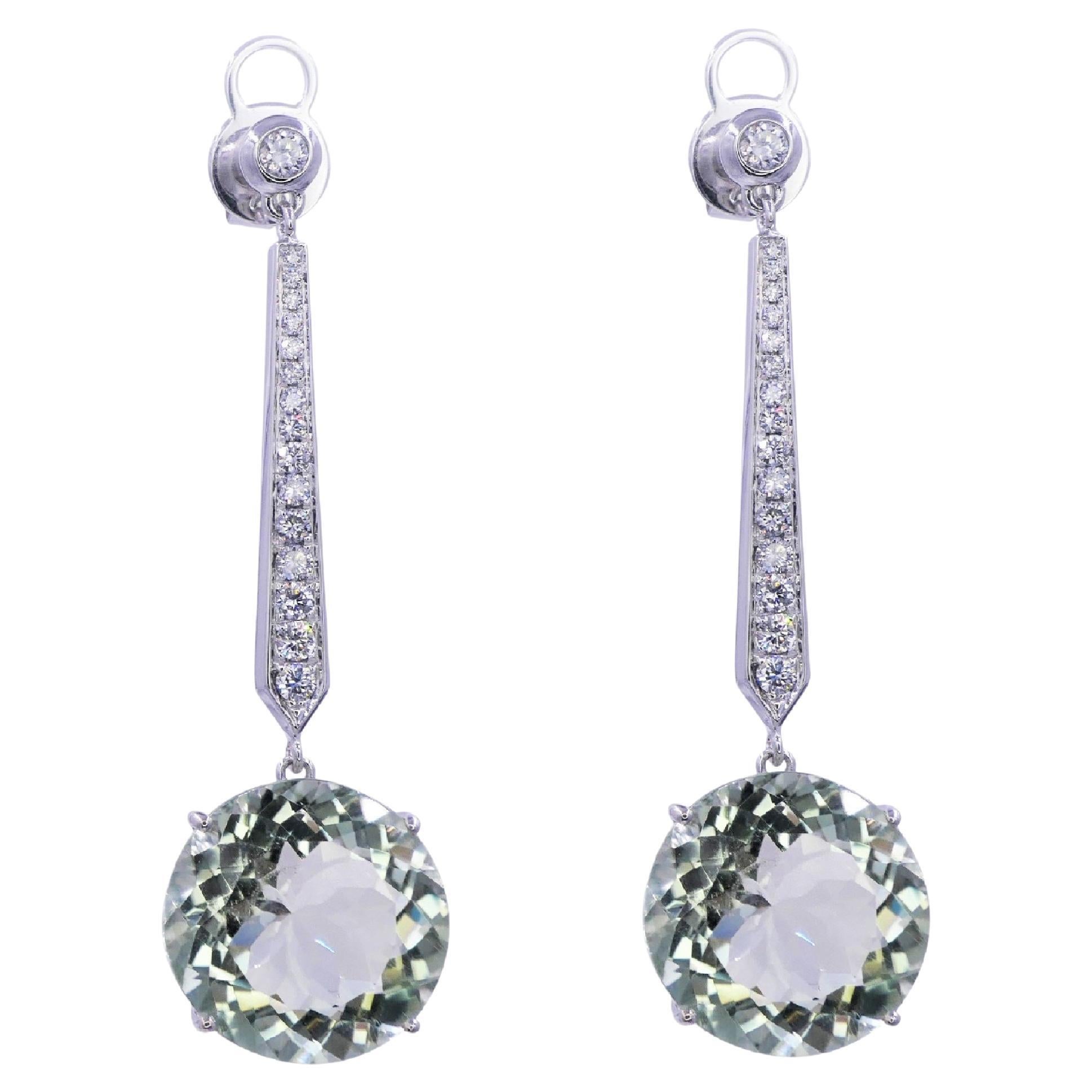 Boucles d'oreilles en or blanc 18 carats : Améthyste verte brillante Prasiolite Diamant Pendentif Unique