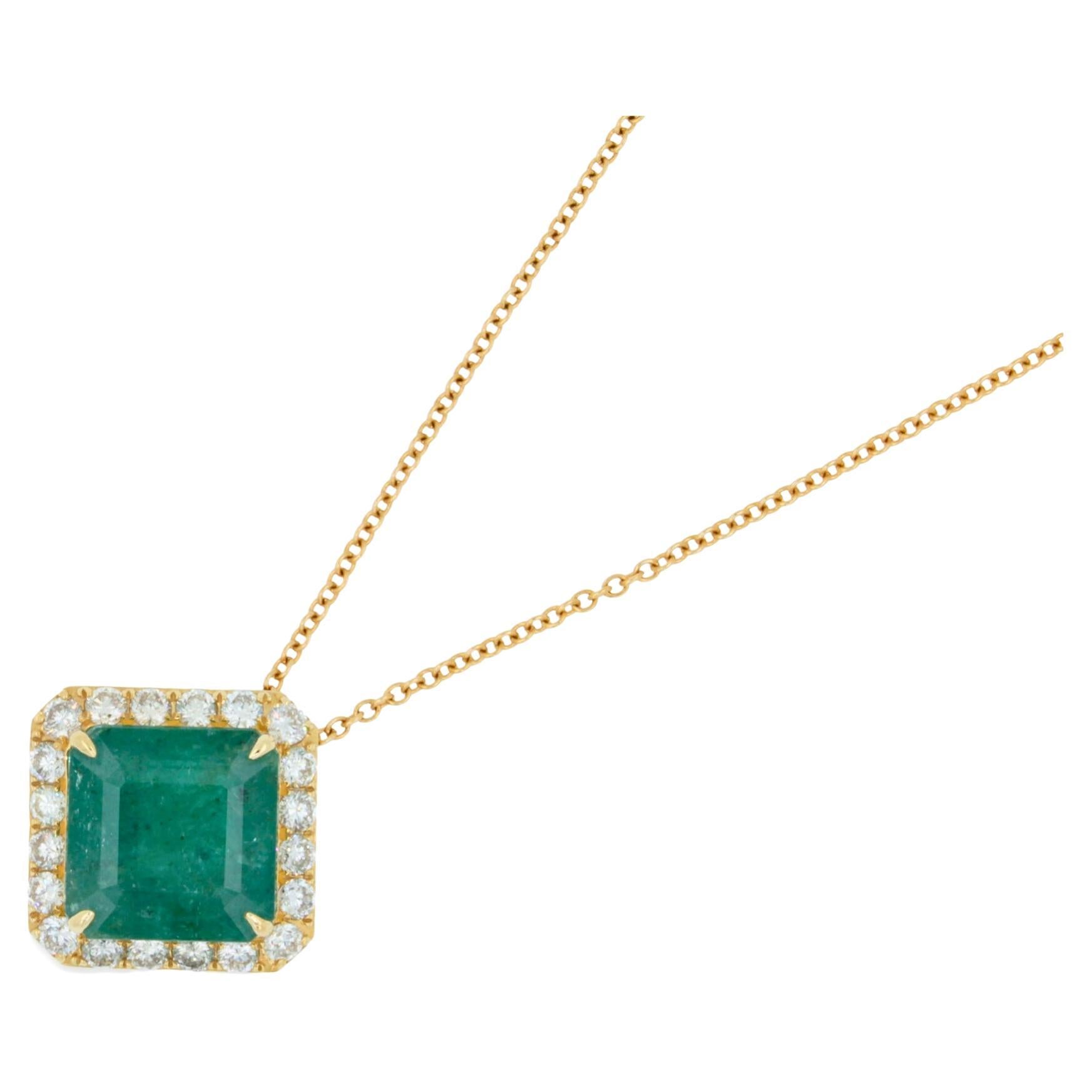 Square Emerald Diamond Halo 18 Karat Yellow Gold Unique Amulet Pendant Necklace