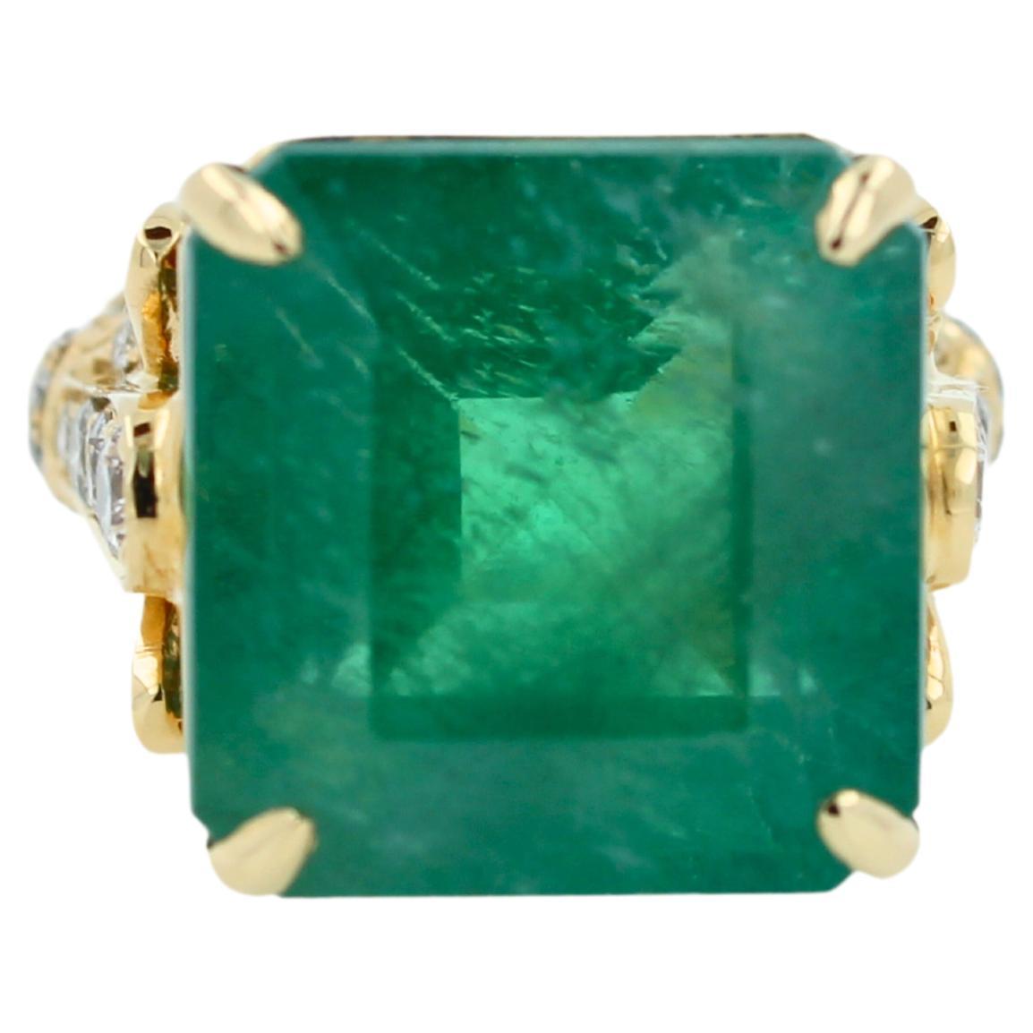 Square Emerald Diamond Cocktail Statement Unique Luxury Vintage Yellow Gold Ring For Sale