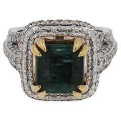 Emerald Diamond Halo Pave Split Shank Estate Vintage 18 K Yellow White Gold Ring