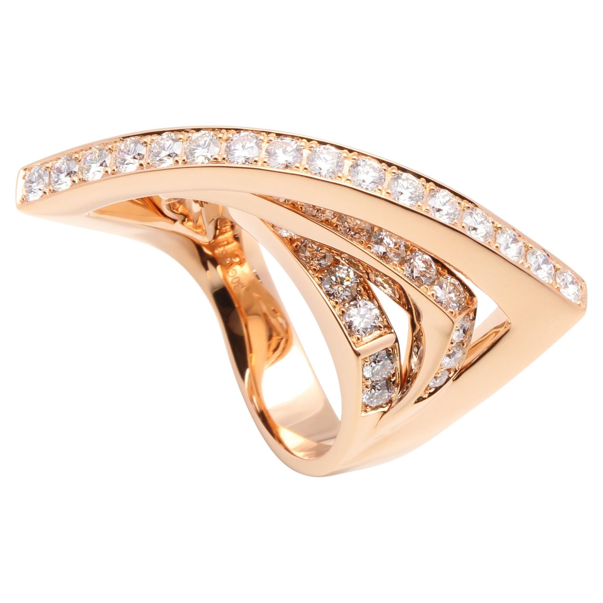 Diamond Channel Set Line Geometric Wave Unique Statement 18 Karat Rose Gold Ring For Sale