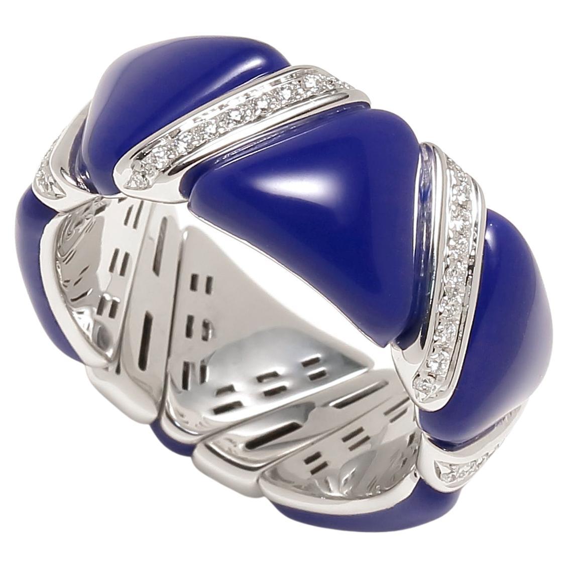 Diamond Navy Blue Enamel Flexible Italian Eternity Band Unique White Gold Ring For Sale