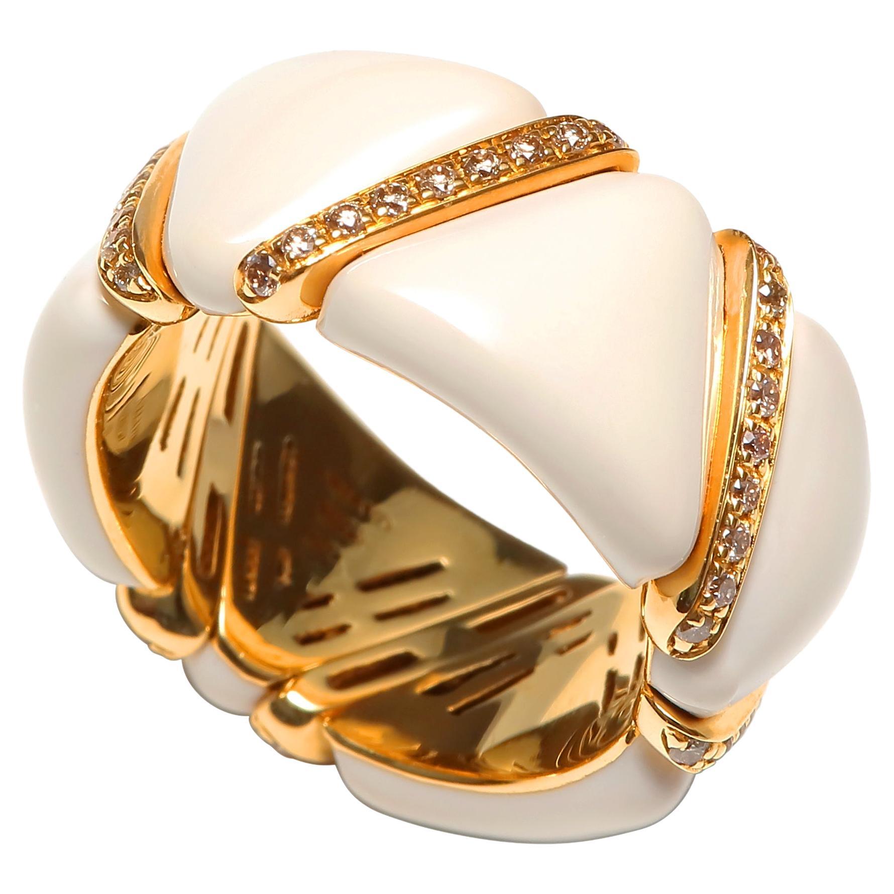 Diamond White Beige Cream Ivory Enamel Eternity Band Unique 18K Yellow Gold Ring For Sale