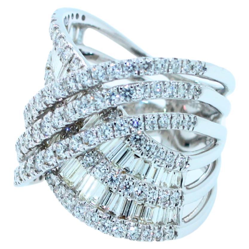 Diamond Halo Pave Baguette Spiral Wave Cocktail Band 18 Karat White Gold Ring 
4.00 cts Diamonds GH/VS
Very Brilliant & Sparkly Diamonds
18K White Gold 
Size 7.5 - Resizable Upon Request