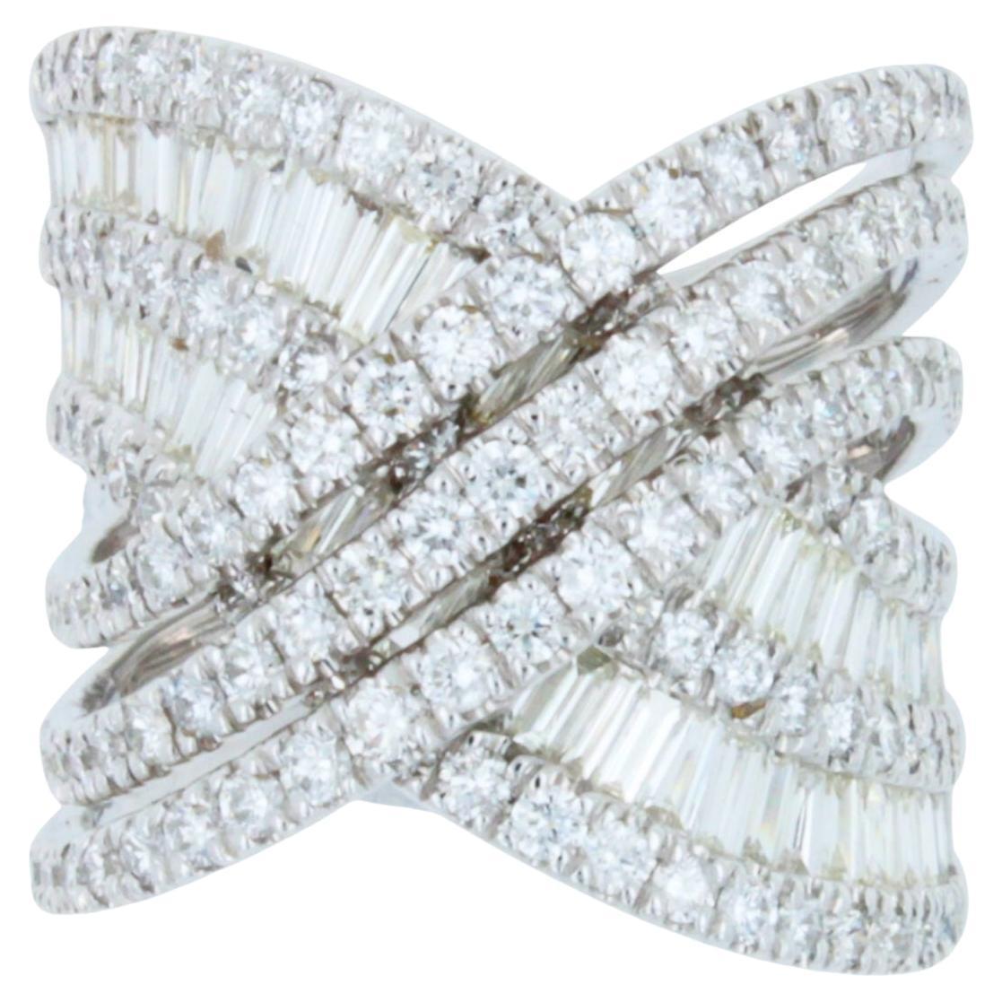Diamond Halo Pave Baguette Spiral Wave Cocktail Band 18 Karat White Gold Ring For Sale
