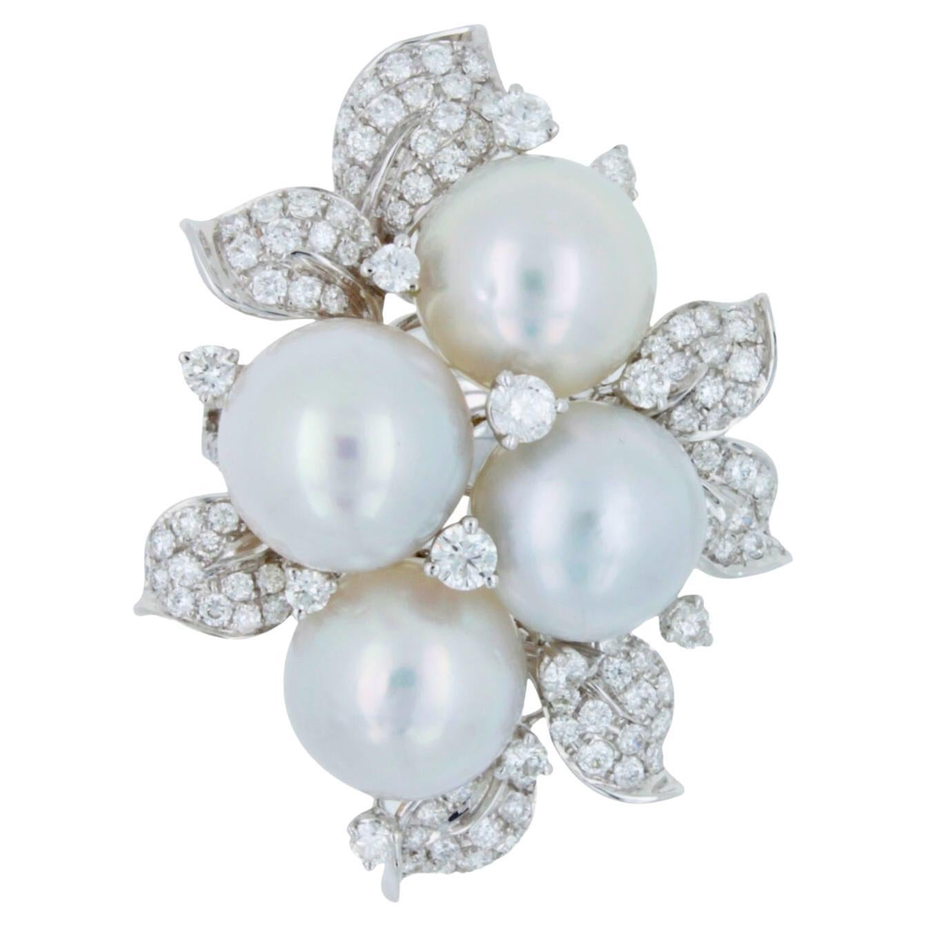 South Sea White Pearl Pave Diamond Lux Cocktail Flower Ring 18 Karat White Gold For Sale