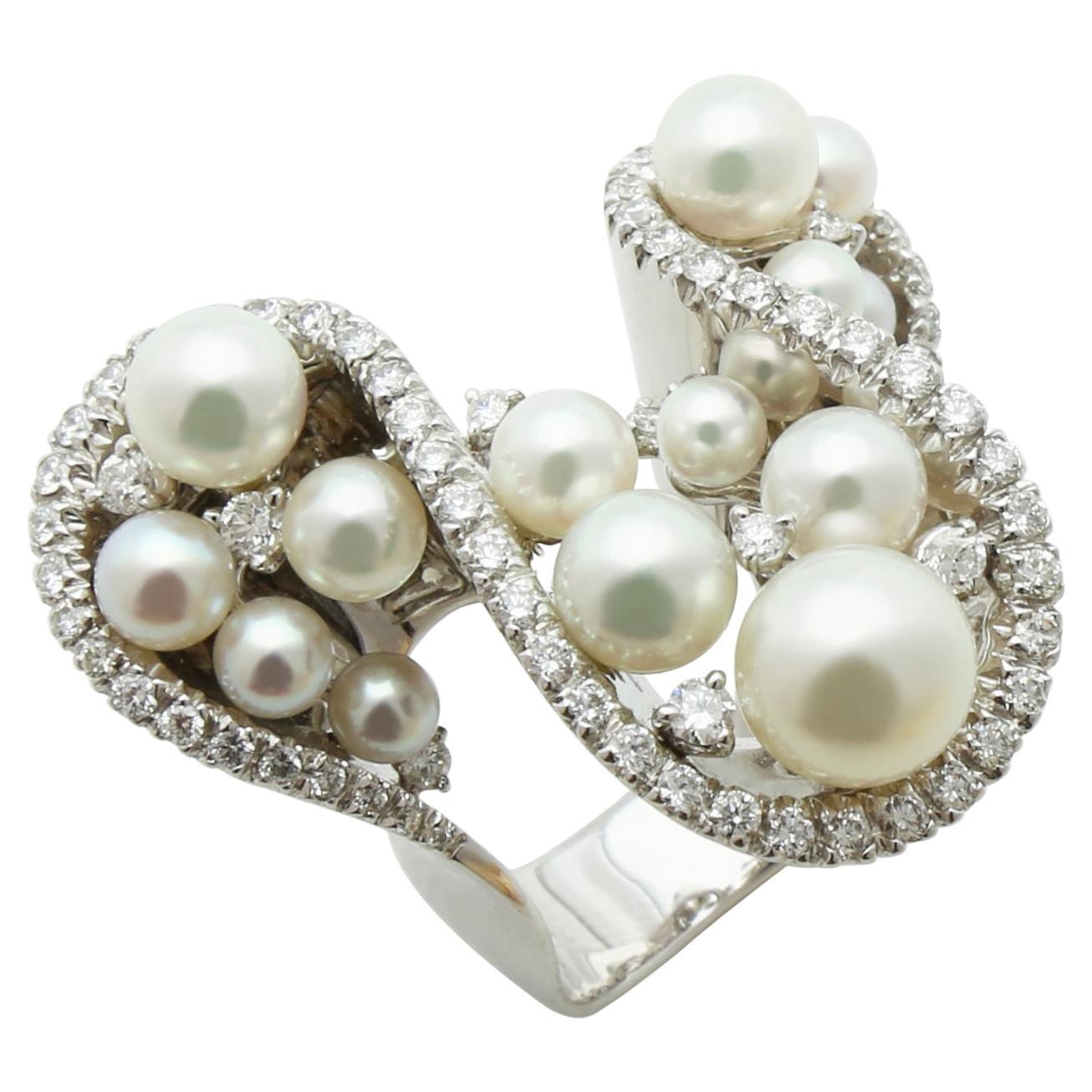 Akoya White Pearl Grape Luxury Cocktail Pave Elegant 18K White Gold Diamond Ring For Sale