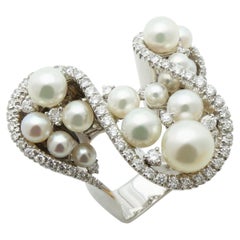 Akoya White Pearl Grape Luxury Cocktail Pave Elegant 18K White Gold Diamond Ring