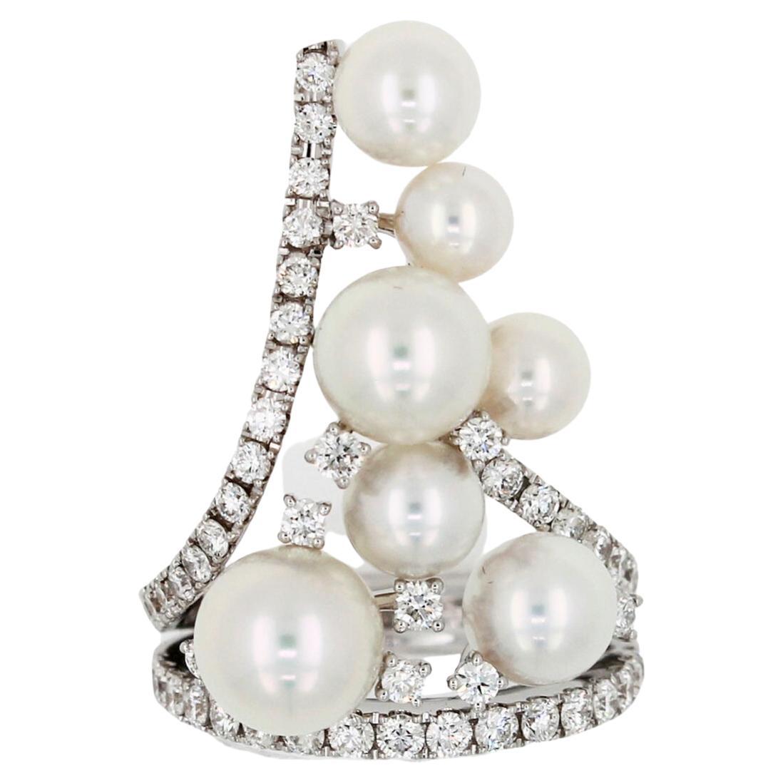 Akoya White Pearl Diamond Luxury Cocktail Tiara Crown 18 Karat White Gold Ring For Sale