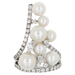 Akoya White Pearl Diamond Luxury Cocktail Tiara Crown 18 Karat White Gold Ring