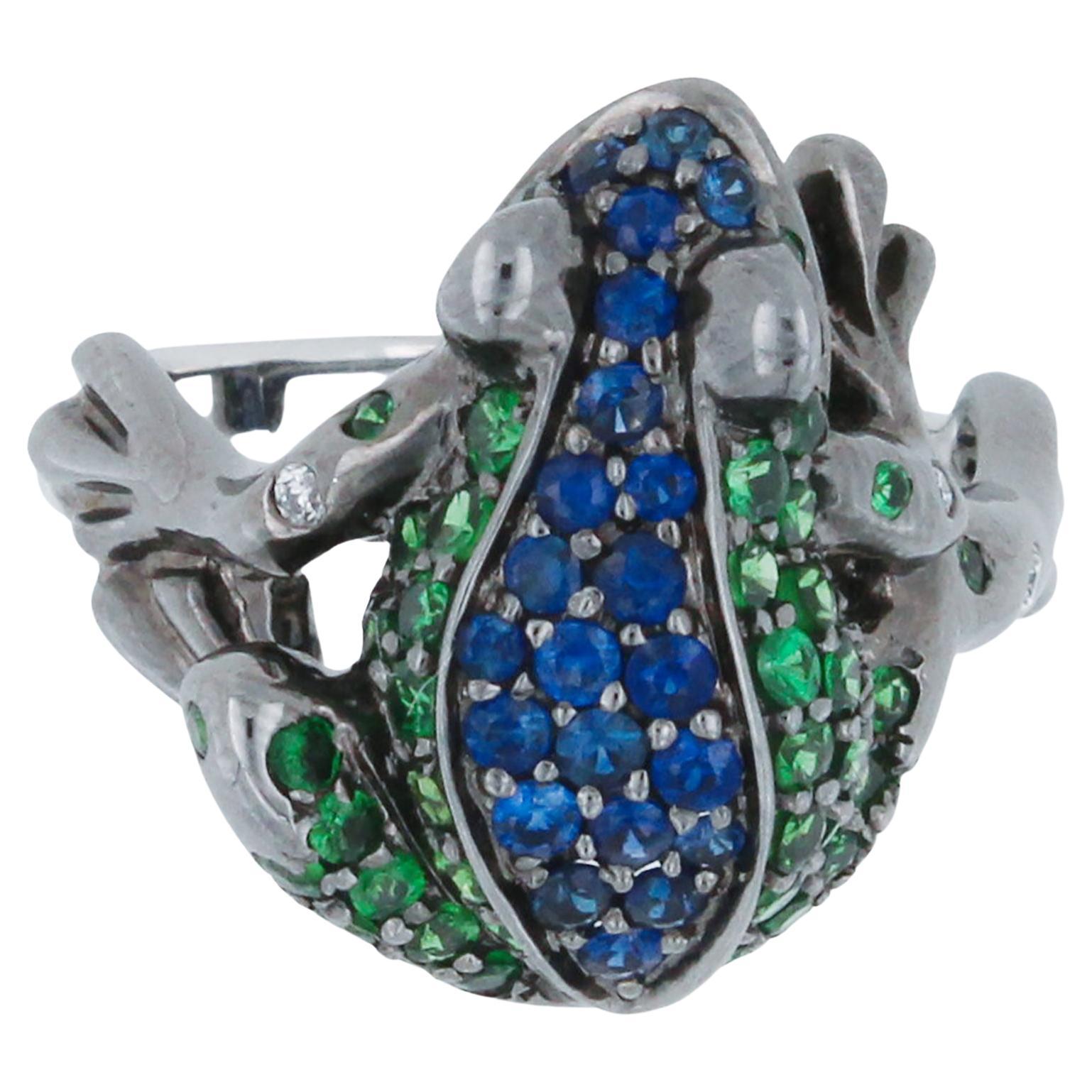 Glücklicher Frosch-Ring aus Weißgold mit Diamant, Rubin, blauem Saphir und Tsavorit, Pavé