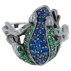 Diamond Ruby Blue Sapphire Tsavorite Pave Lucky Frog Animal Fun White Gold Ring