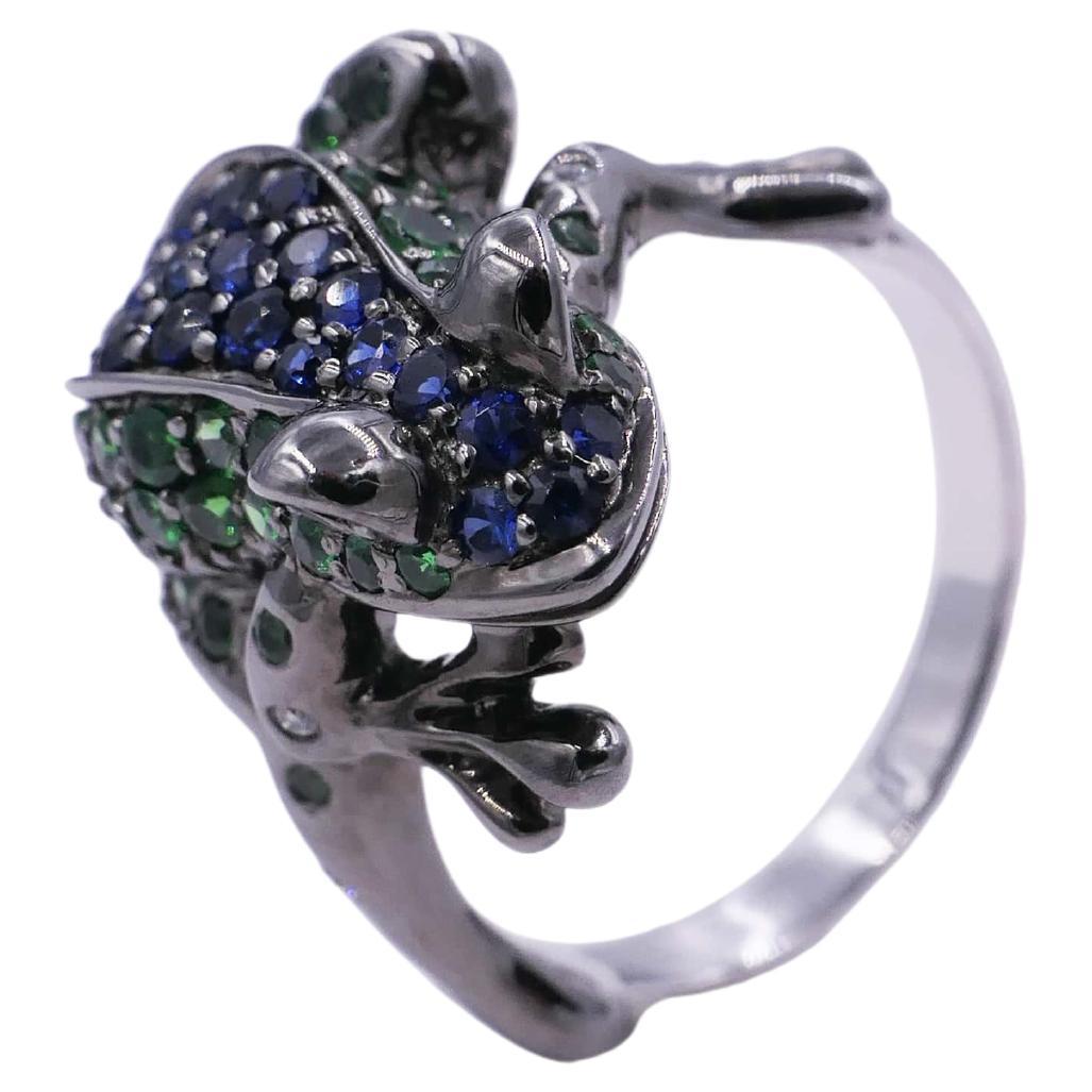 Brilliant Cut Diamond Ruby Blue Sapphire Tsavorite Pave Lucky Frog Animal Fun White Gold Ring For Sale
