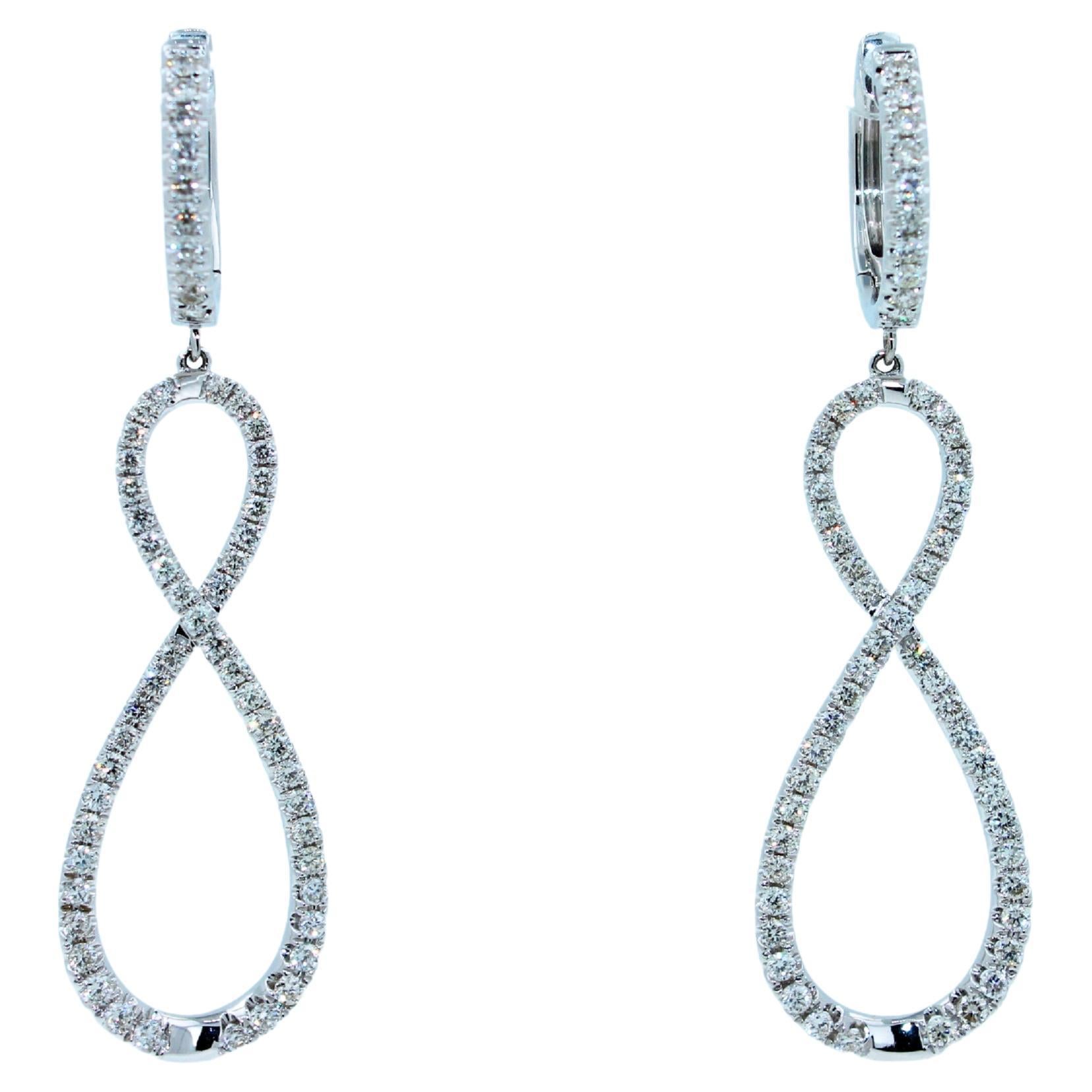 2.5 Carat Diamond Hoop 14 Karat White Gold Drop Infinity Eight Huggie Earrings For Sale