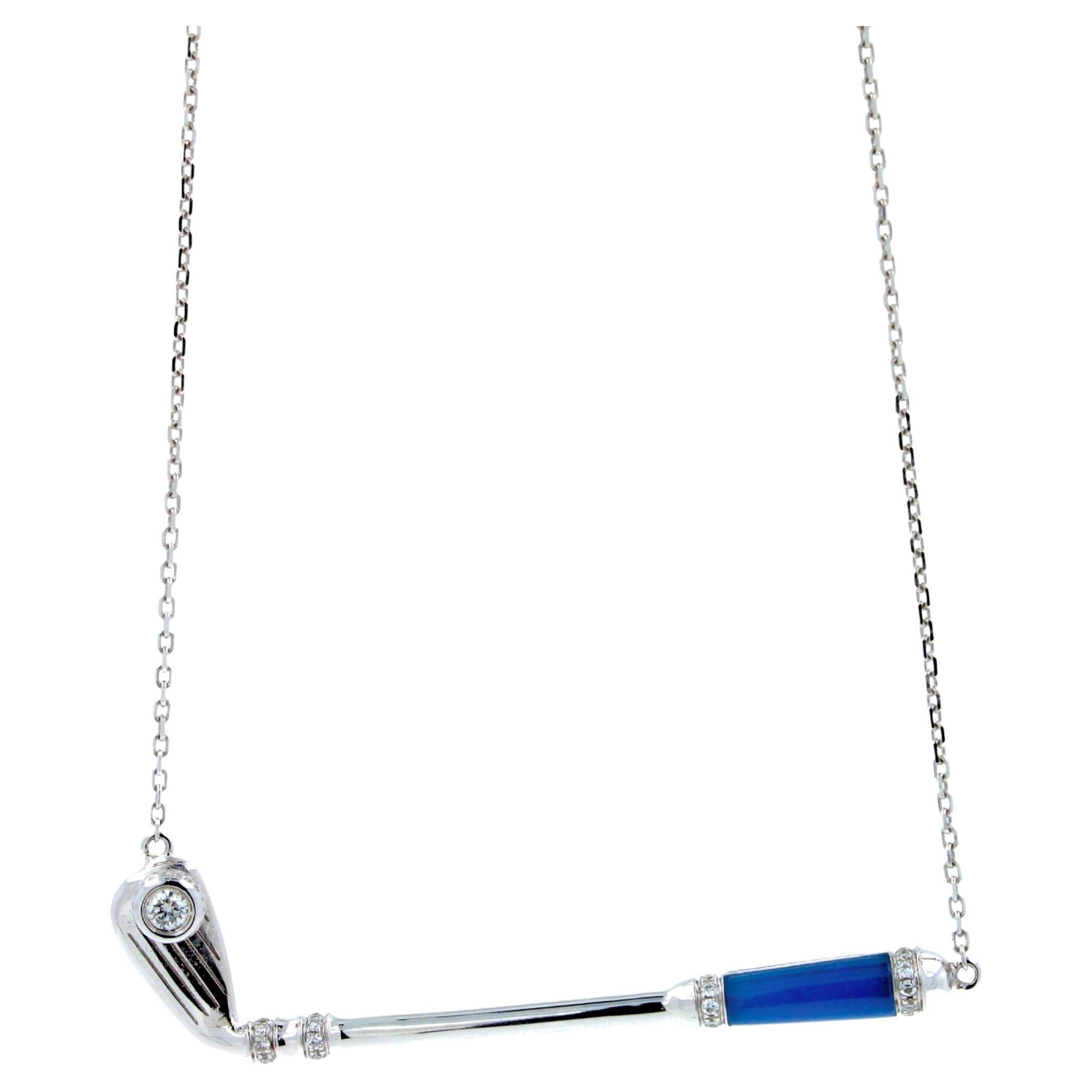 Diamond Blue Agate Golf Club Birdie Charm 18 Karat White Gold Necklace Pendant For Sale