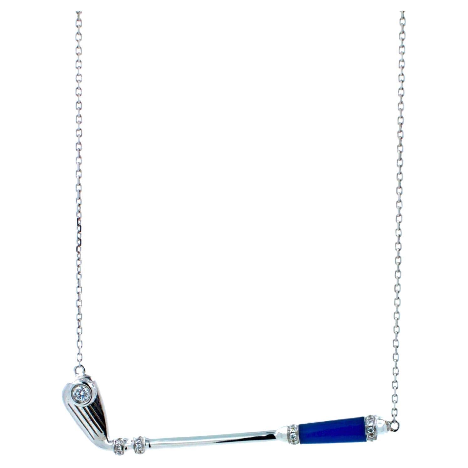 18K White Gold
Blue Agate Gemstone Handle
White Diamond Golf Ball Gemstone
0.20 cts Diamonds
16-18 inches Diamond-Cut Link Cable chain length
In-Stock
This is part of Galt & Bro. Jewelry's exclusive, custom made-to-order Golf Club Birdies