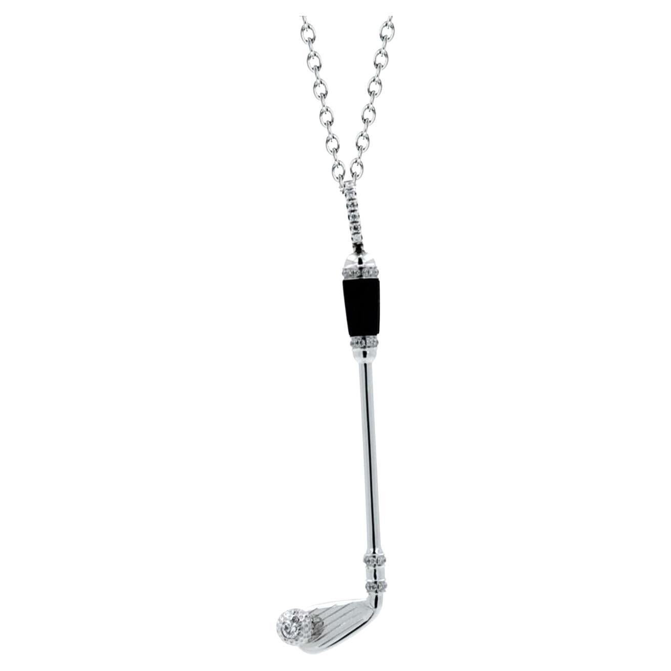 Diamond Black Onyx Golf Club Birdie Charm 18 Karat White Gold Necklace Pendant For Sale