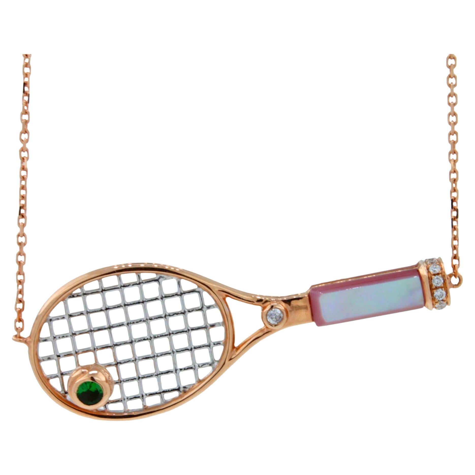 Diamond Pink Pearl Emerald 18 Karat Gold Tennis Racket Charm Pendant Necklace For Sale