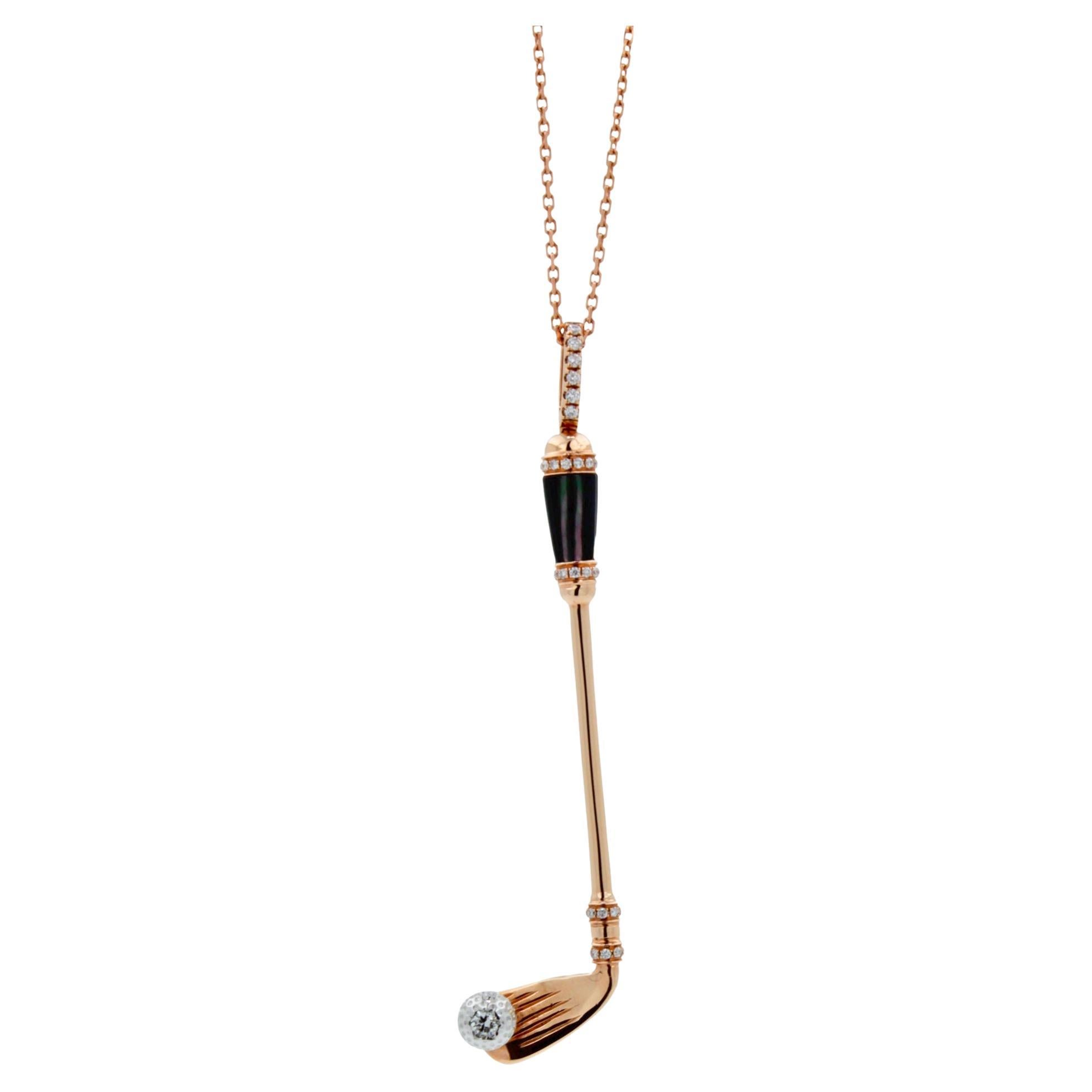 Diamond Grey Black Pearl Golf Club Birdie Charm 18 Karat Gold Necklace Pendant