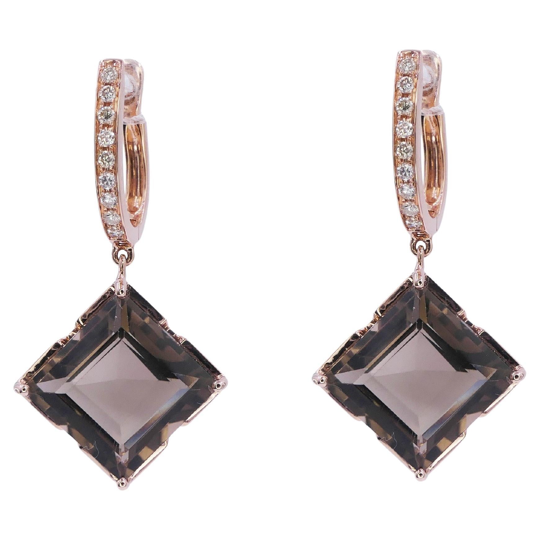 Square Brown Smoky Quartz Diamond Huggie Drop Dangle 18 Karat Rose Gold Earrings For Sale