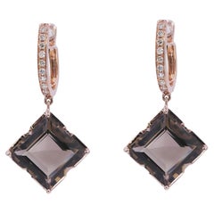 Square Brown Smoky Quartz Diamond Huggie Drop Dangle 18 Karat Rose Gold Earrings