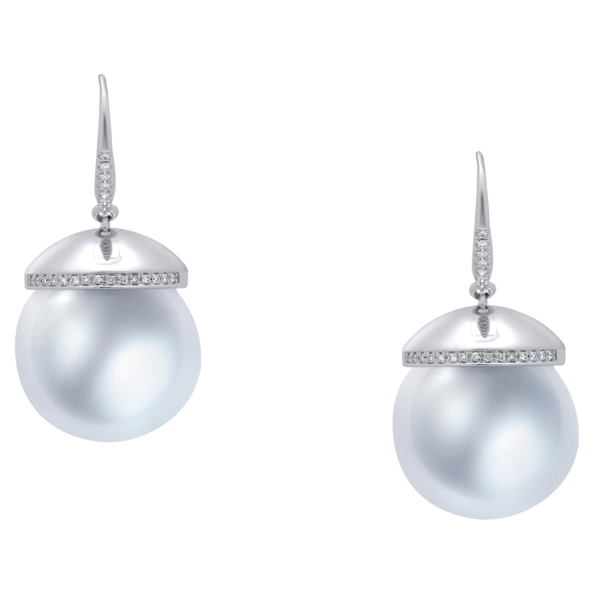 South Sea White Pearl Diamond Halo Pave 14 Karat White Gold Hook Drop Earrings For Sale