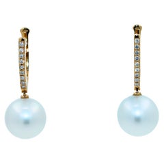 Südsee-Weiße Perle Diamant-Ohrringe aus 18 Karat Gelbgold mit Scharnier