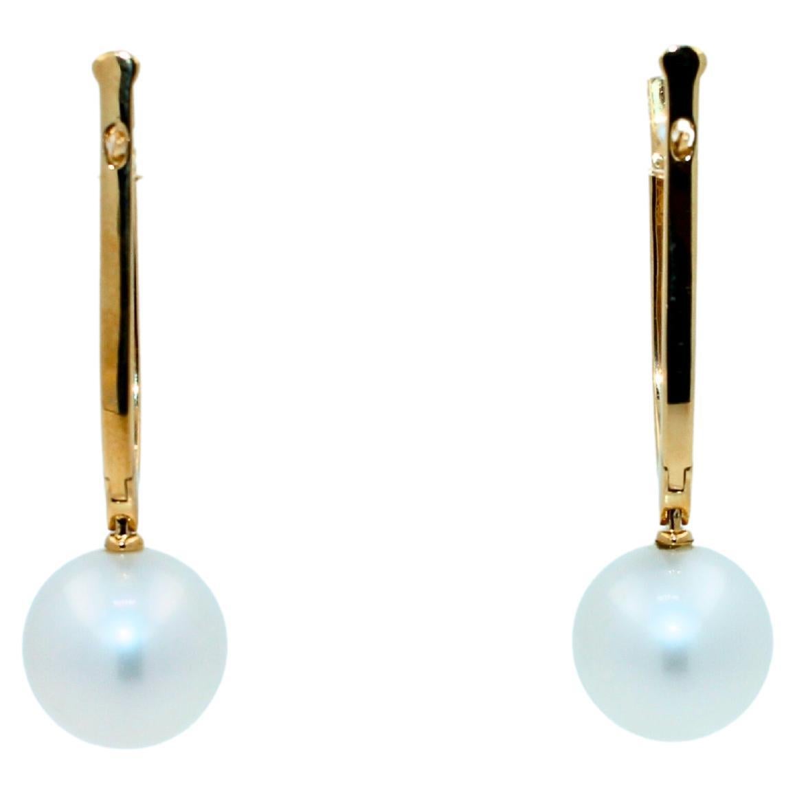 Round Cut South Sea White Pearl Diamond 18 Karat Yellow Gold Hinge Line Drop Hoop Earrings For Sale