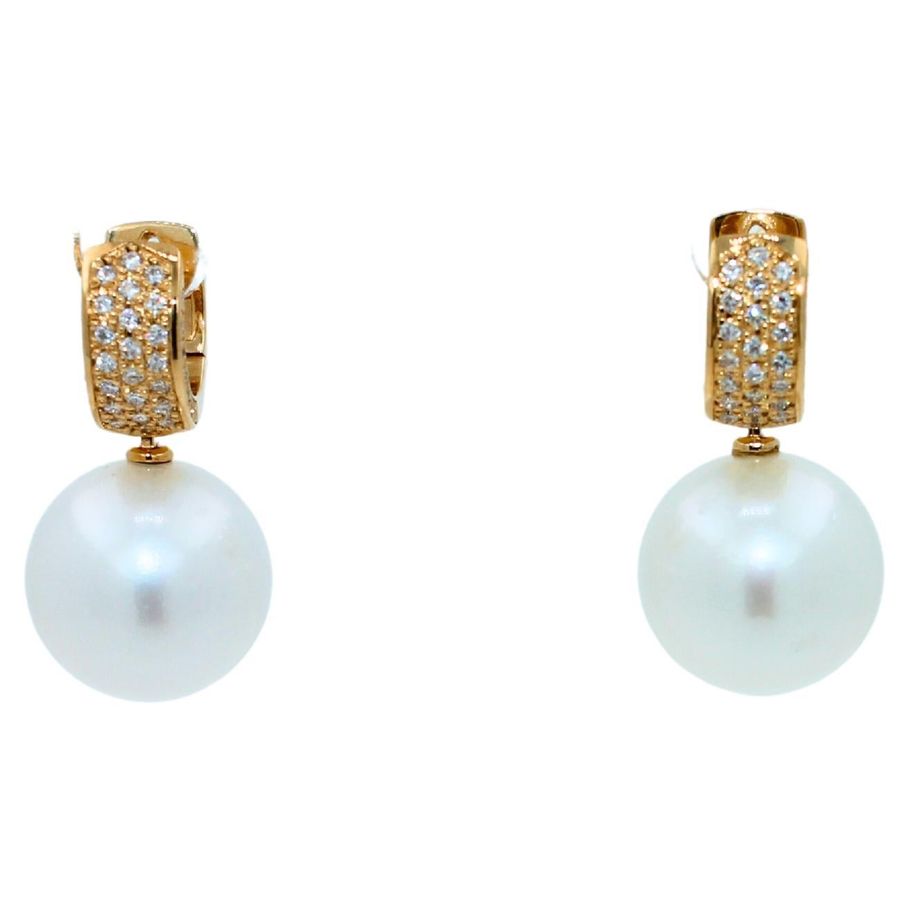 South Sea White Round Pearl Diamond 18K Yellow Gold Hinge Pave Huggie Earrings For Sale