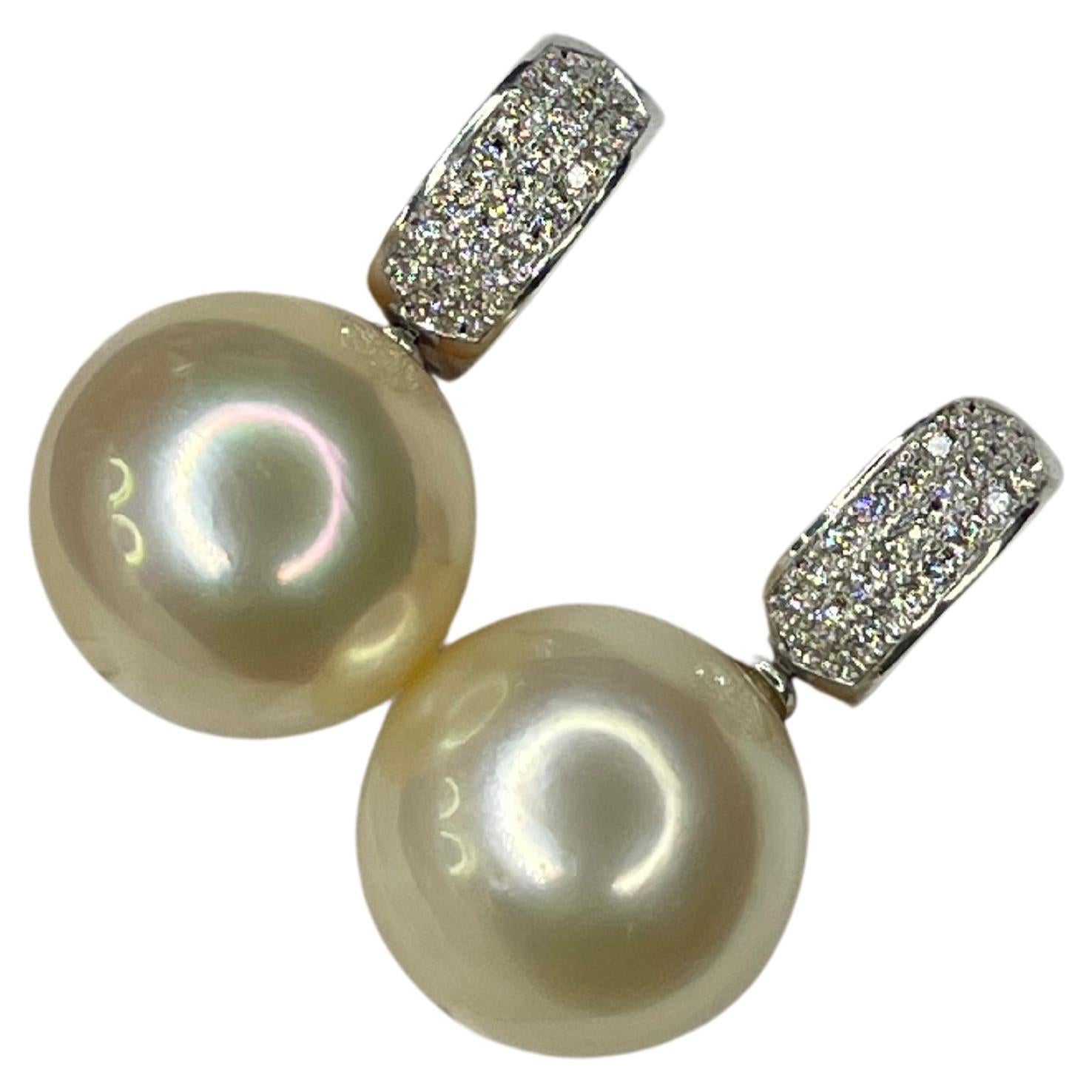 Women's or Men's South Sea Light Yellow Golden Pearl Diamond 18K White Gold Pave Huggie Earrings For Sale