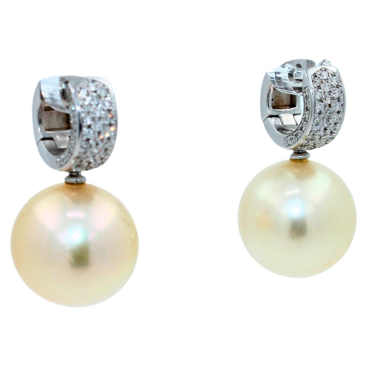 Round Cut South Sea Light Yellow Golden Pearl Diamond 18K White Gold Pave Huggie Earrings For Sale