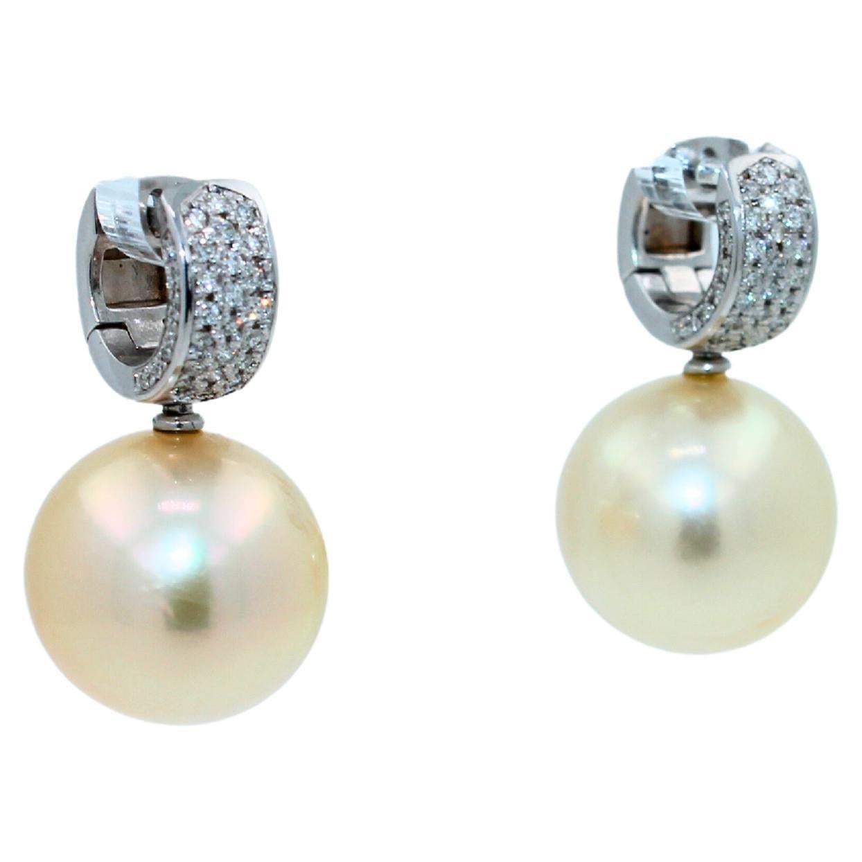 Modern South Sea Light Yellow Golden Pearl Diamond 18K White Gold Pave Huggie Earrings For Sale