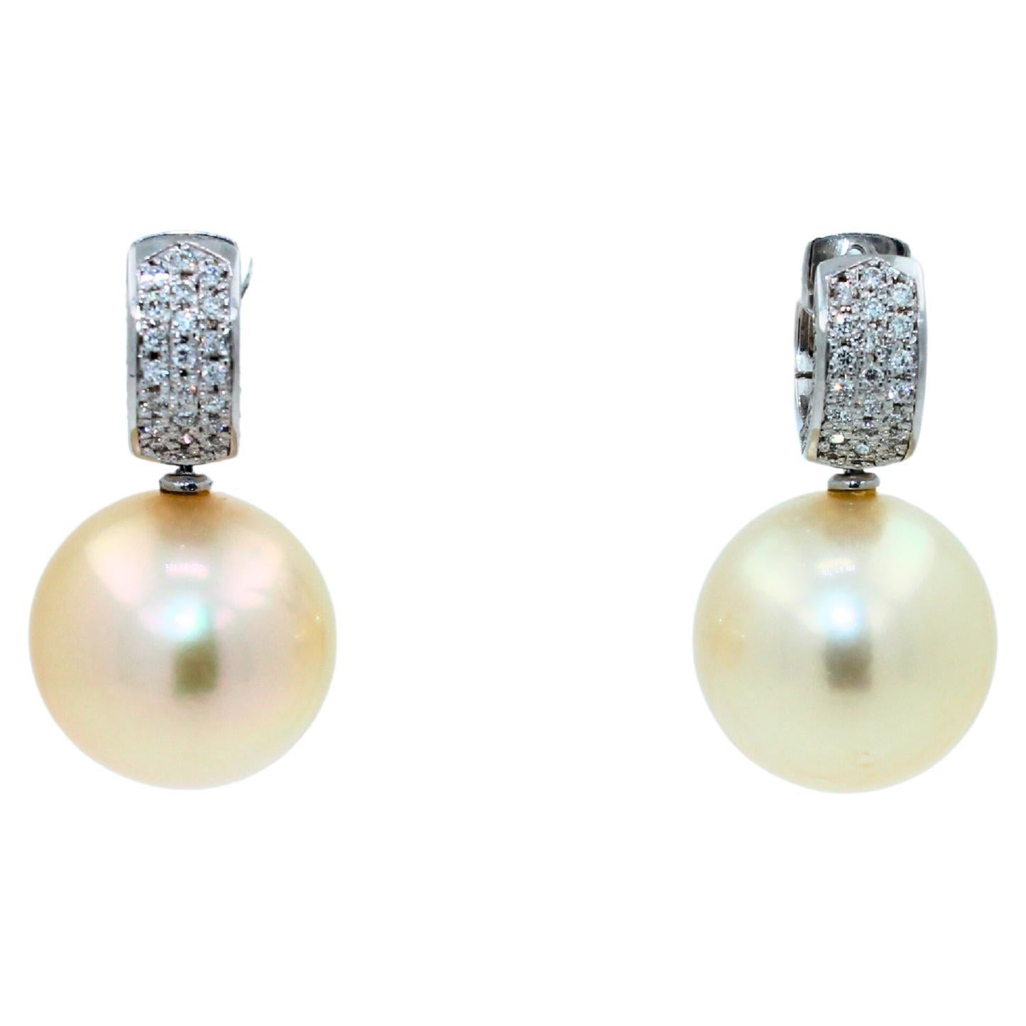 South Sea Light Yellow Golden Pearl Diamond 18K White Gold Pave Huggie Earrings