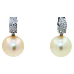 South Sea Light Yellow Golden Pearl Diamond 18K White Gold Pave Huggie Earrings