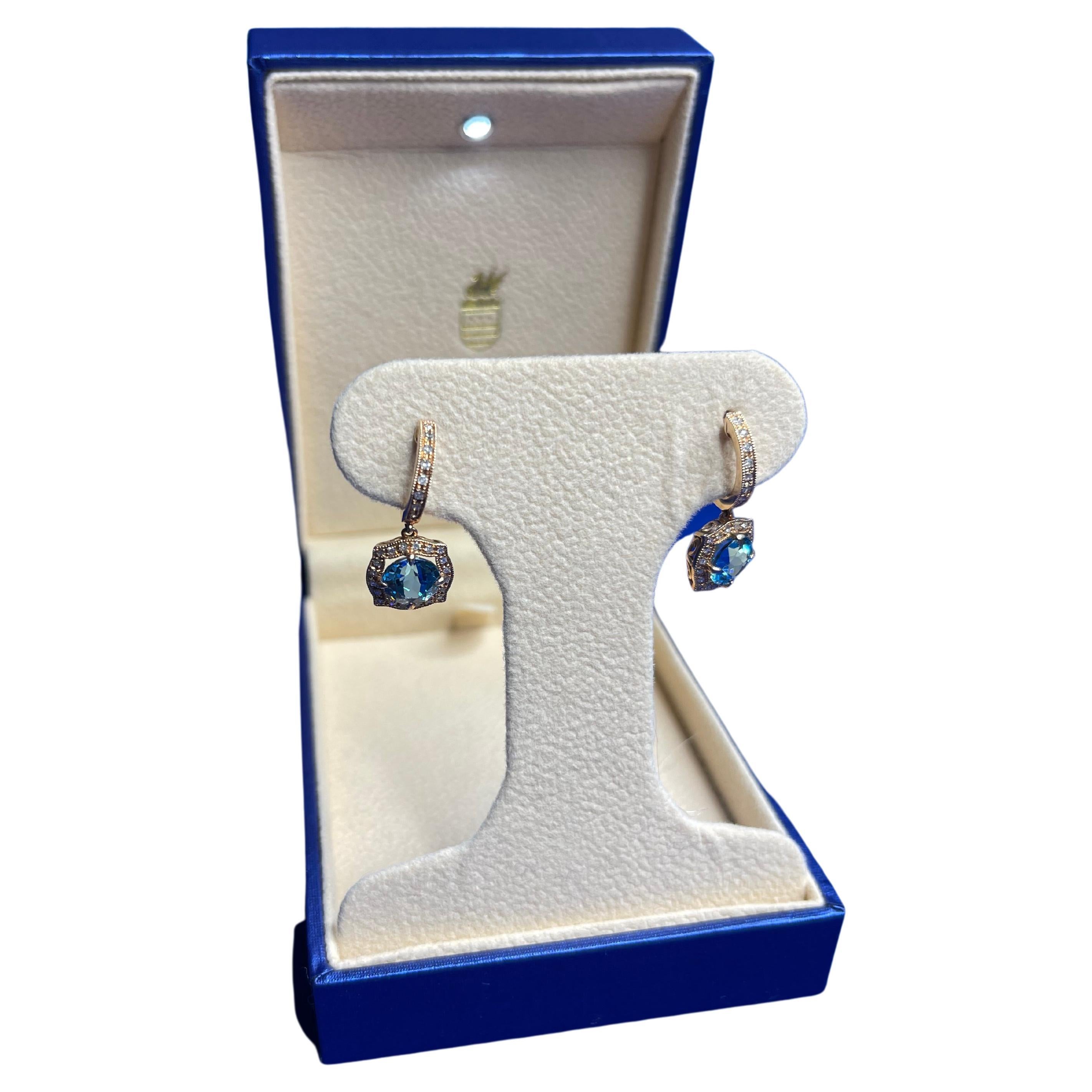 Round Blue Topaz Diamond Halo 14 Karat Rose Gold Huggie Drop Statement Earrings For Sale 1