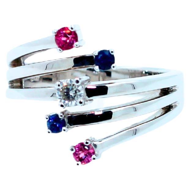 Shooting Stars Blue Pink Sapphire Diamond 14 Karat White Gold Cocktail Wave Ring For Sale
