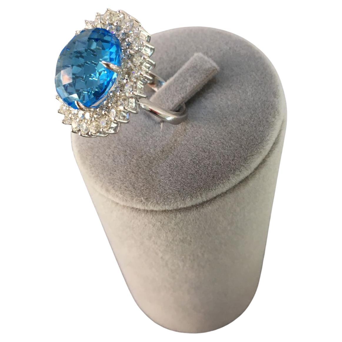 Oval Sky Blue Topaz Diamond Double Sun Ray Flower Halo 18 Karat White Gold Ring