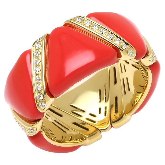 Diamond Red Coral Enamel Flexible Eternity Band 18 Karat Yellow Gold Unique Ring