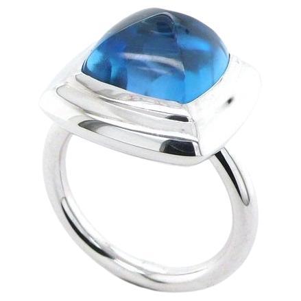 Blue Topaz Sugarloaf Cabochon Mountain Pyramid Cone Cocktail 18K White Gold Ring