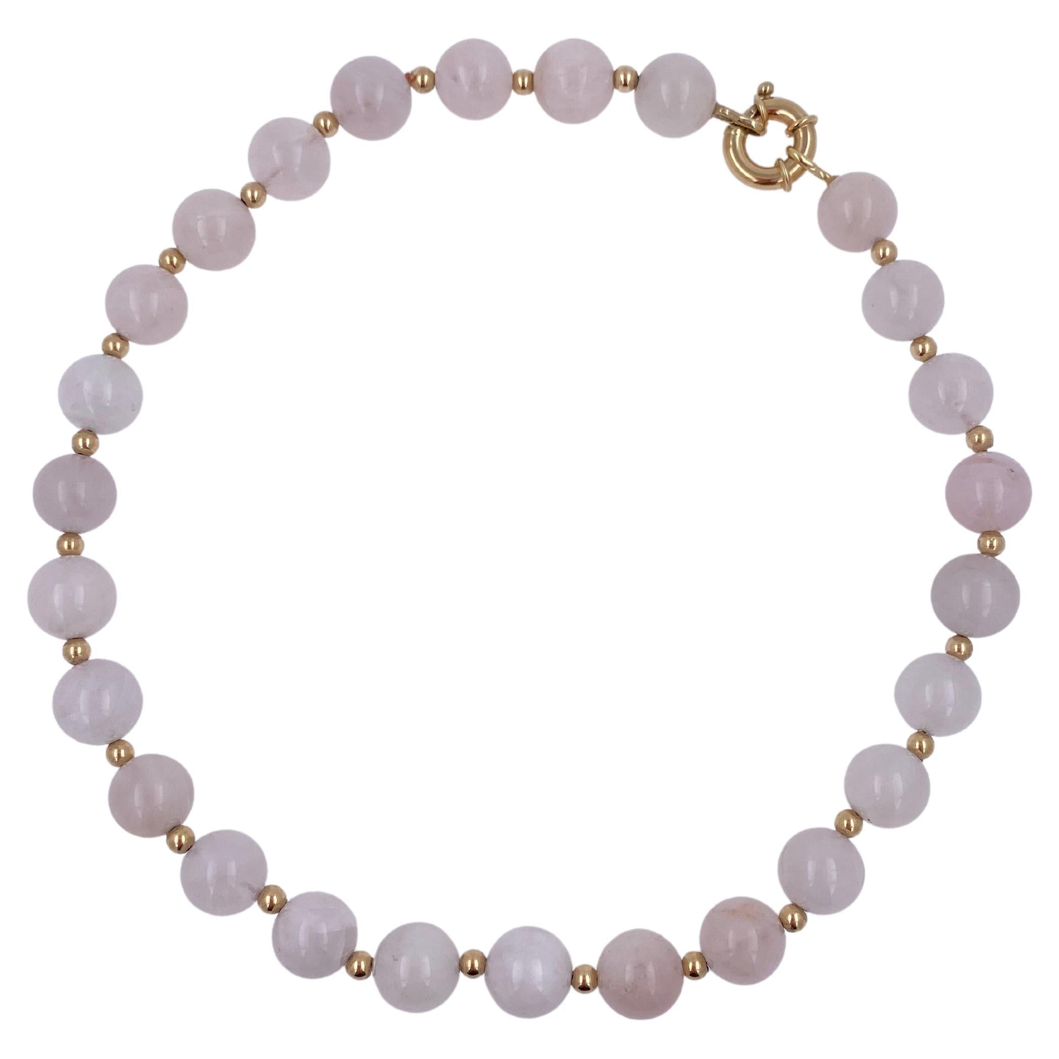 Rose Quartz Round Circle Sphere Beads 14 Karat Yellow Gold Bead Short Necklace For Sale