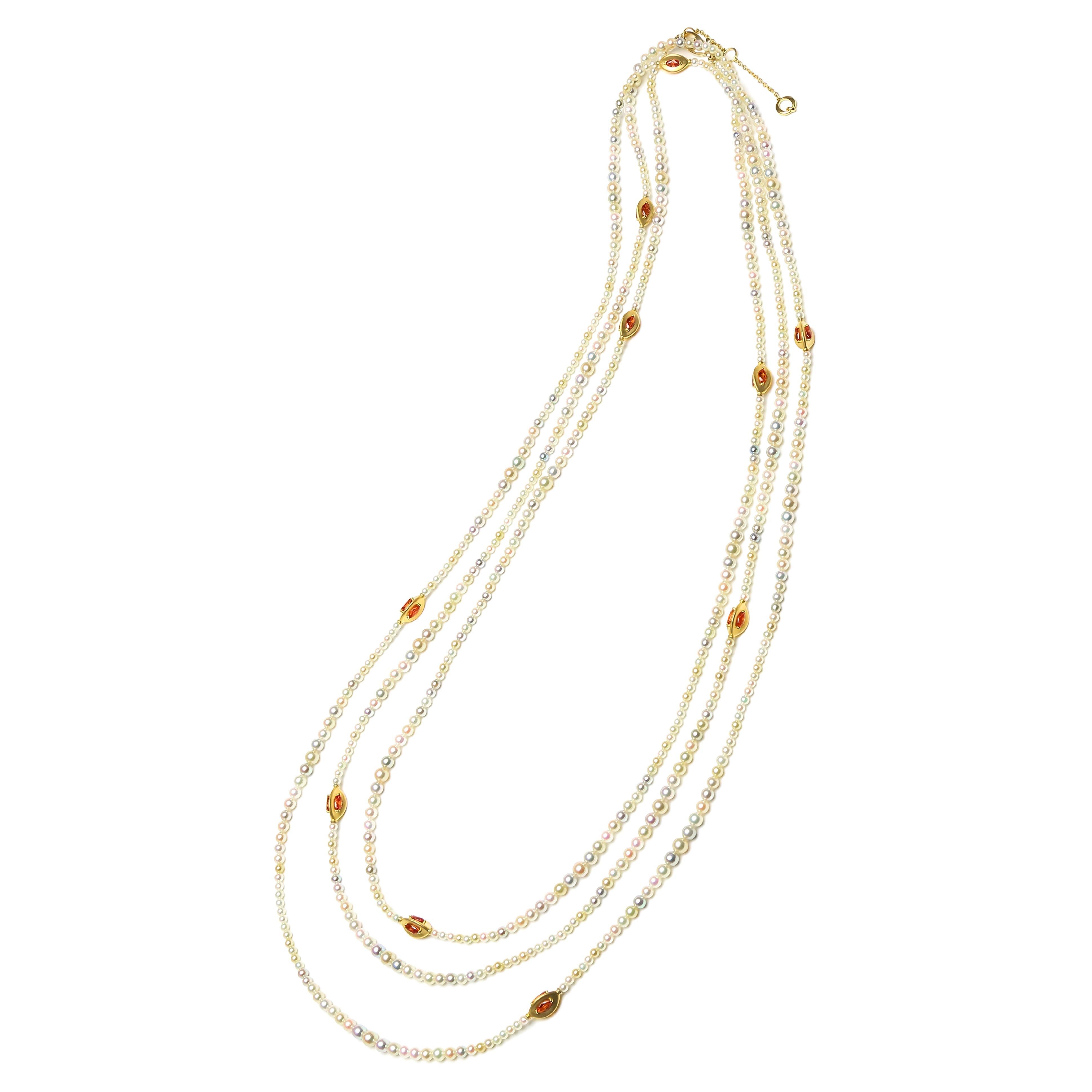 Japanese Akoya White Pearl Long 18 Karat Yellow Gold Pink Sapphire Bead Necklace For Sale