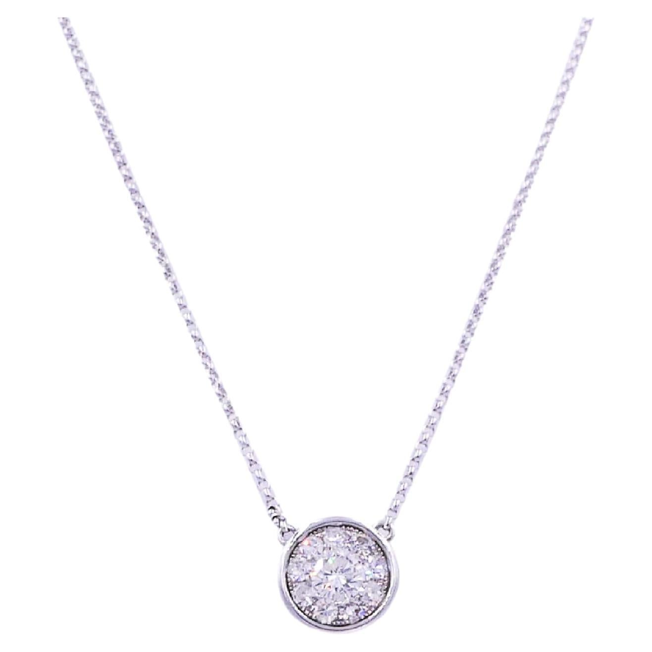 Diamond Round Pave Halo Bezel 14 Karat White Gold Dainty Chain Pendant Necklace For Sale