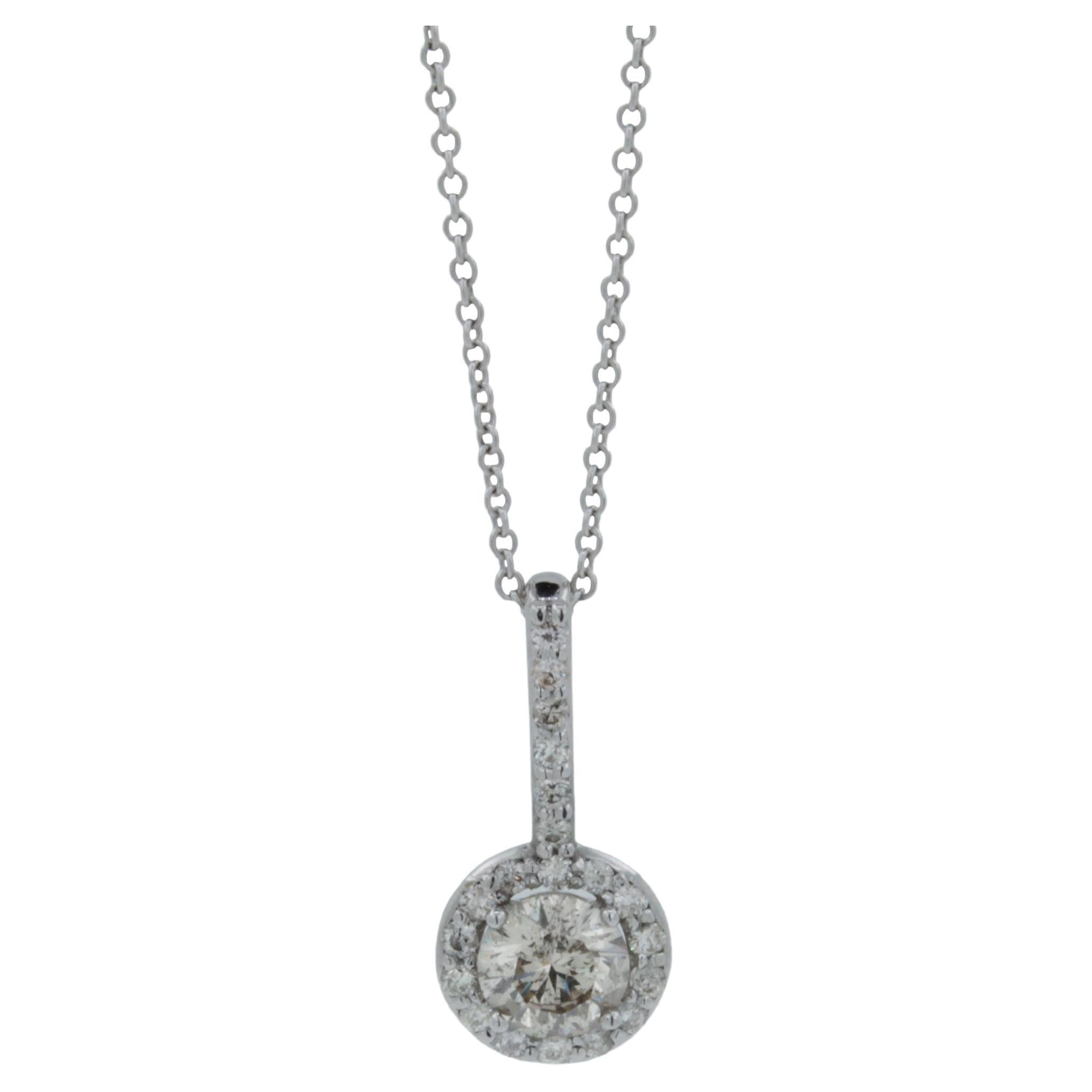 Diamond Round Pave Halo 14 Karat White Gold Dainty Chain Drop Pendant Necklace For Sale