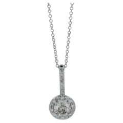 Diamond Round Pave Halo 14 Karat White Gold Dainty Chain Drop Pendant Necklace