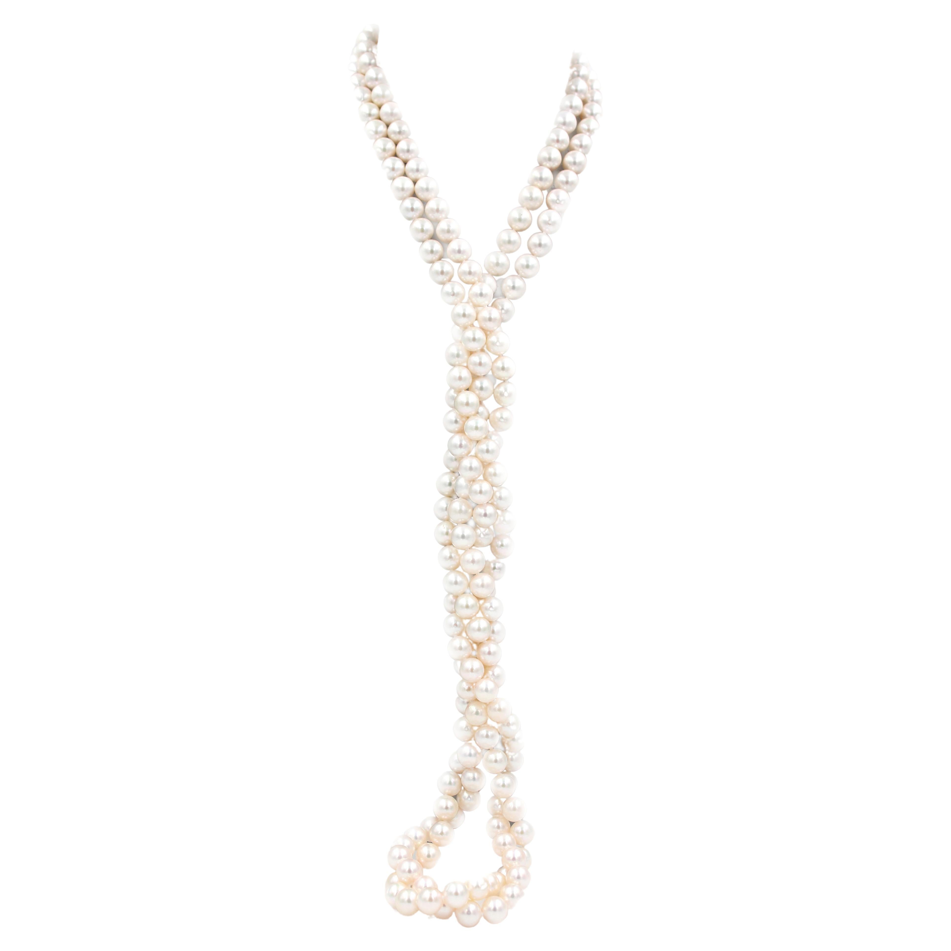 Classic White Cultured Japanese Akoya Opera Pearl Luxury Necklace 30 inches Long For Sale