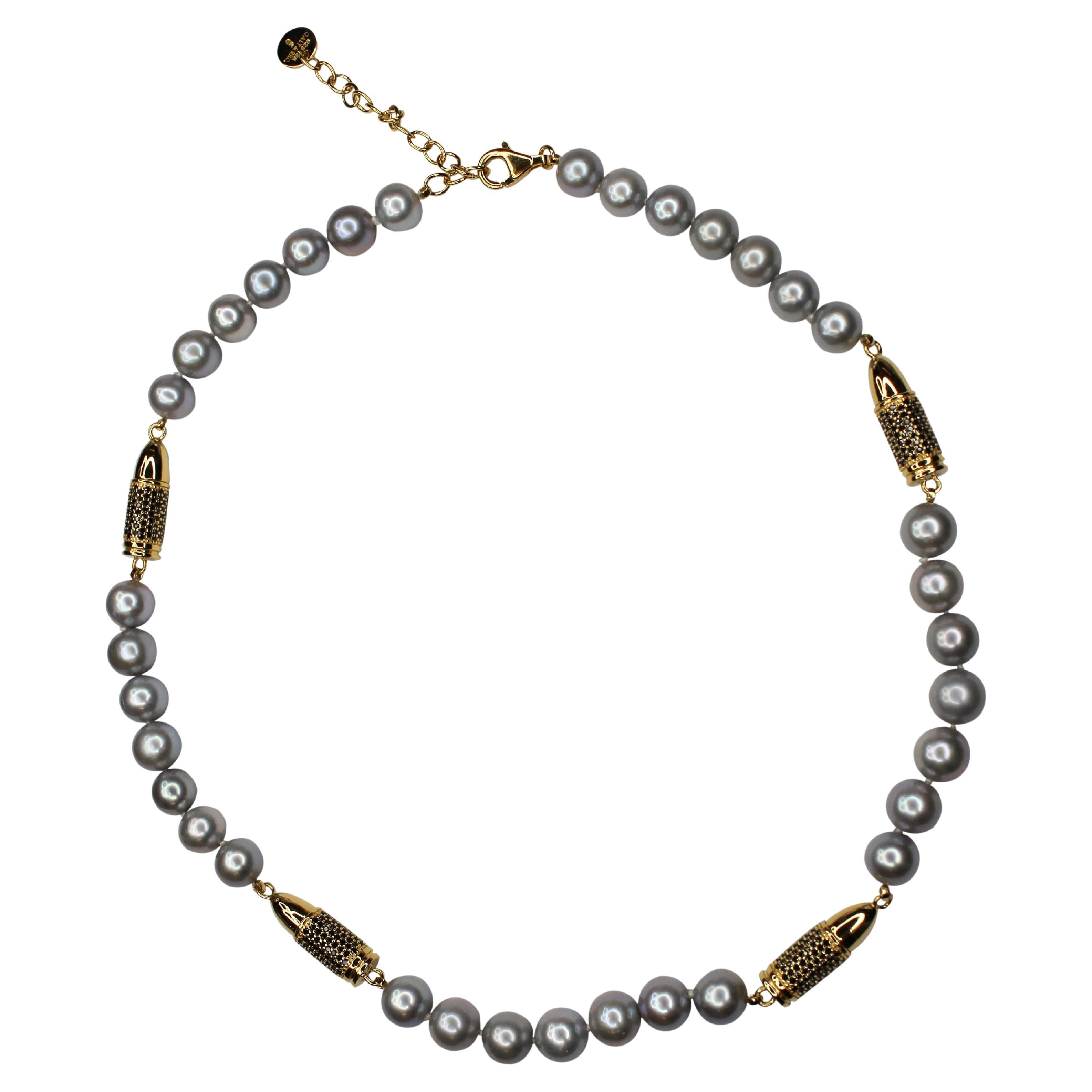 Black Spinel Pave Gold Bullet Rocket Grey Pearl Sterling Silver Vermeil Necklace For Sale