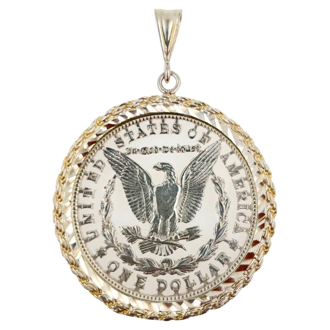 Pendentif médaillon à breloque vintage en argent sterling plaqué rhodium blanc avec pièce de monnaie