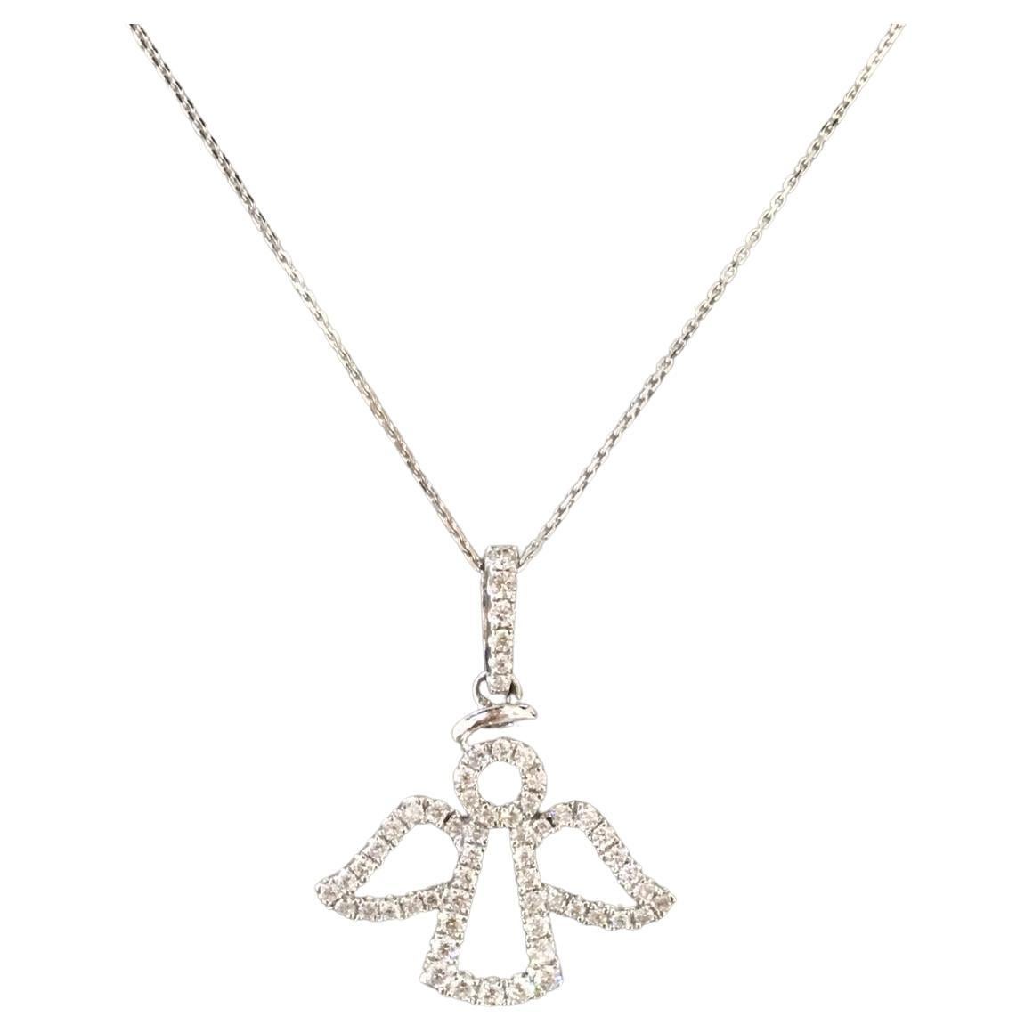Diamond Halo Pave Angel Necklace Pendant Charm 18 Karat White Gold Statement