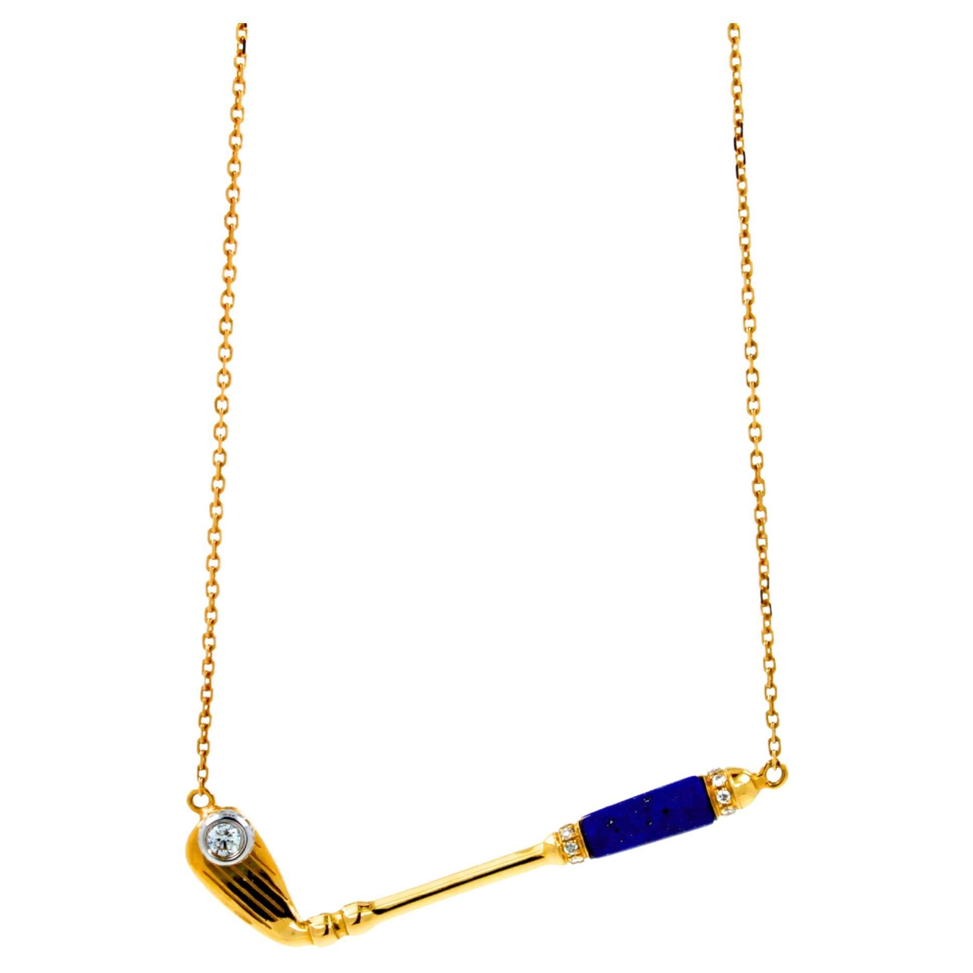 Diamond Blue Lapis Lazuli Golf Club Birdie Charm 18 Yellow Gold Necklace Pendant For Sale
