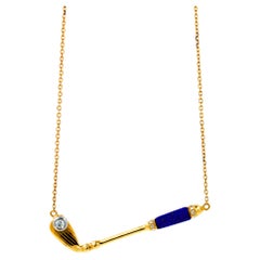Diamond Blue Lapis Lazuli Golf Club Birdie Charm 18 Yellow Gold Necklace Pendant